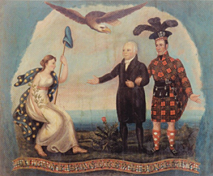 St. Andrew's Society Banner, 1825, front side. Julius Ruben Ames (1801-1850) Banner of the St. Andrew's Society of the City of Albany, oil on silk, c. 1828. Albany Institute of History and Art, gift of the St. Andrew's Society of the City of Albany.