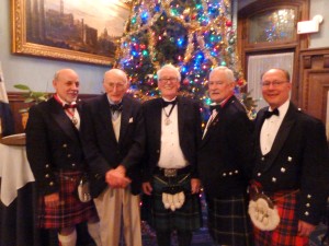 Dr. Richard T. MacDowell, 1st Vice-President and Physician; Norman S. Rice, Historian/Librarian; Bruce Newell, President; William S. Burke, 2nd Vice-President; Patrick Foy, Retiring President.